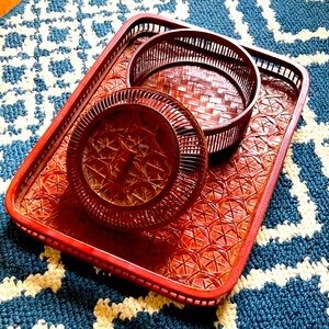 NEW handmade bamboo serving tray with candies dish with lid. Bought in Thailand